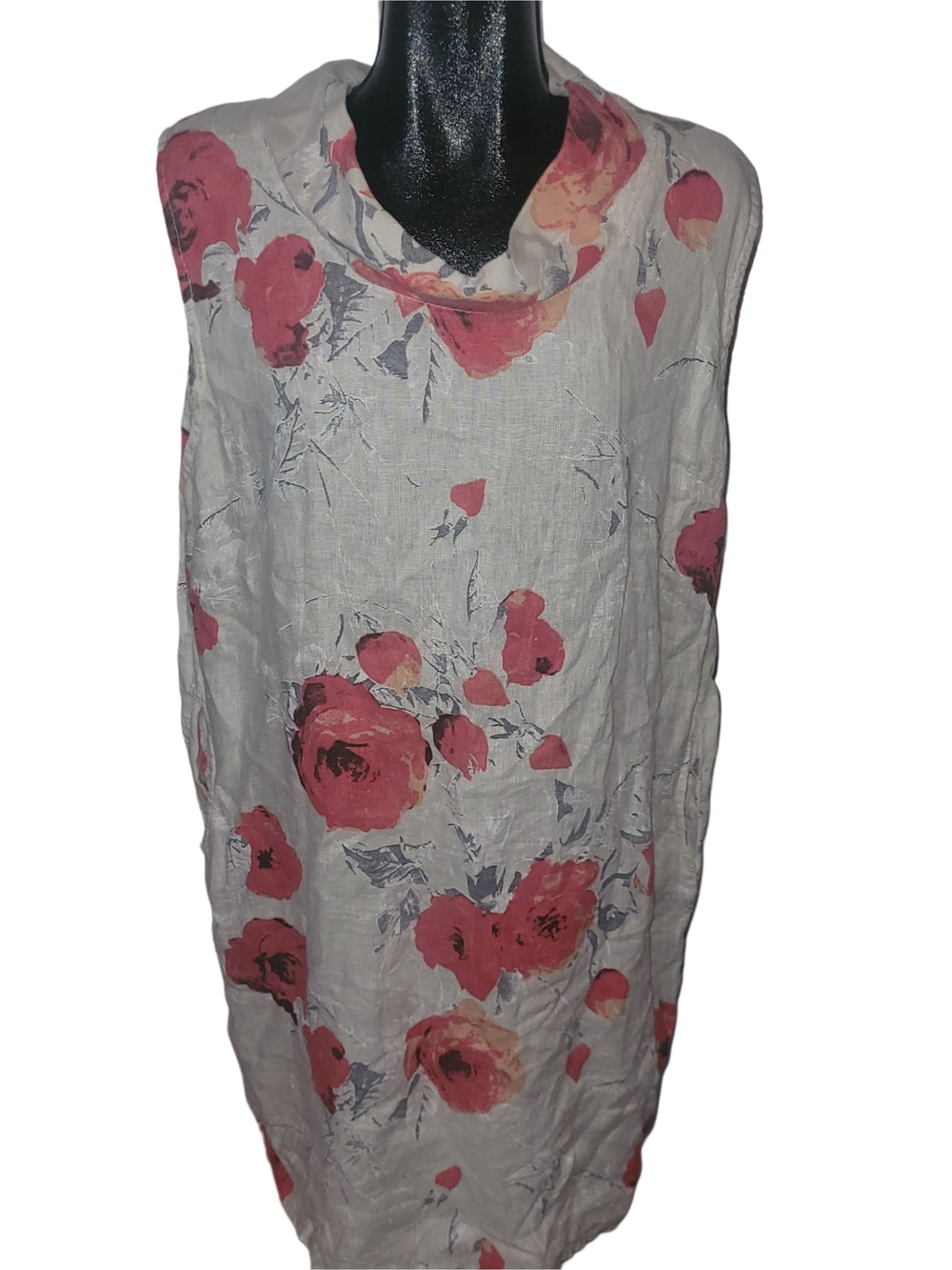 Sleeveless Cream Floral Print Linen Tunic Dress Size XL